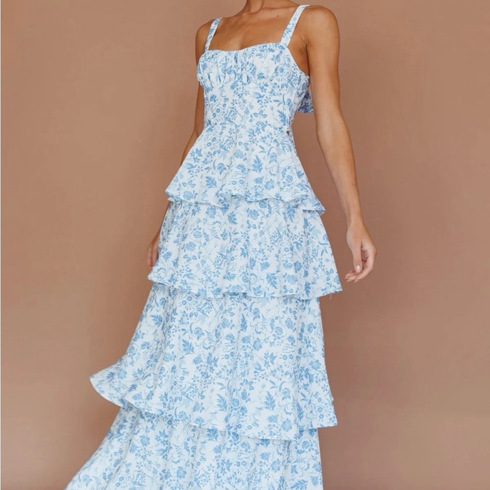 Selfie Leslie Blue and White Ruffled Tiered Maxi Dress